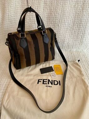 Fendi Bauletto Boston Speedy Crossbody Bag Pequin Black Gold Dark Brown Leather
